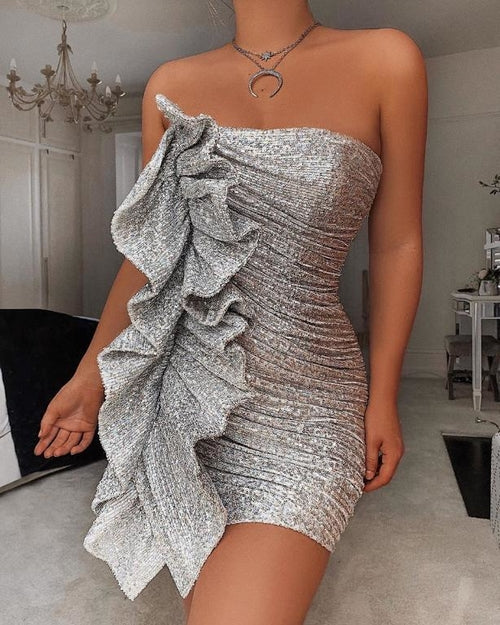 Load image into Gallery viewer, Sliver sequin ruffle short mini dress Women pleated
